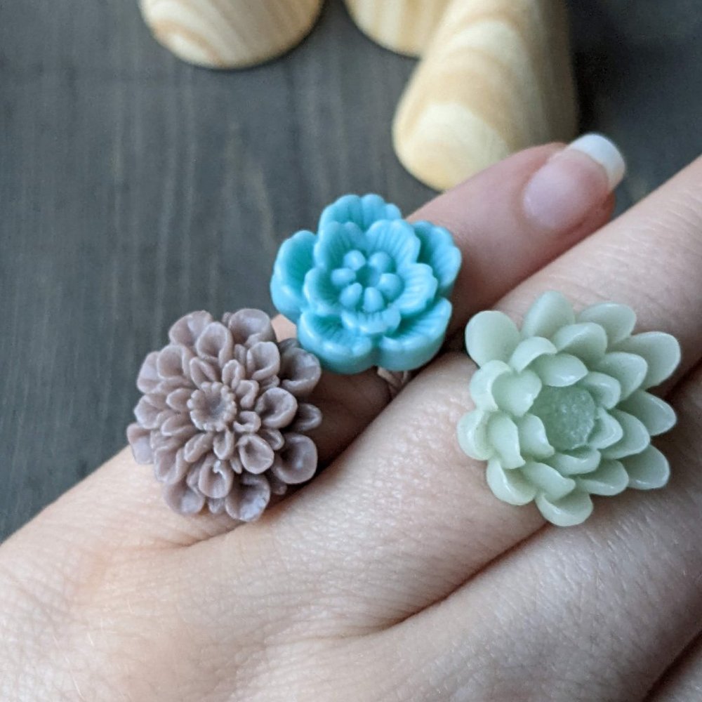 Floral Resin Rings Set of 3 - Blue Cherry Blossom, Grey Dahlia, Pale Green Lotus